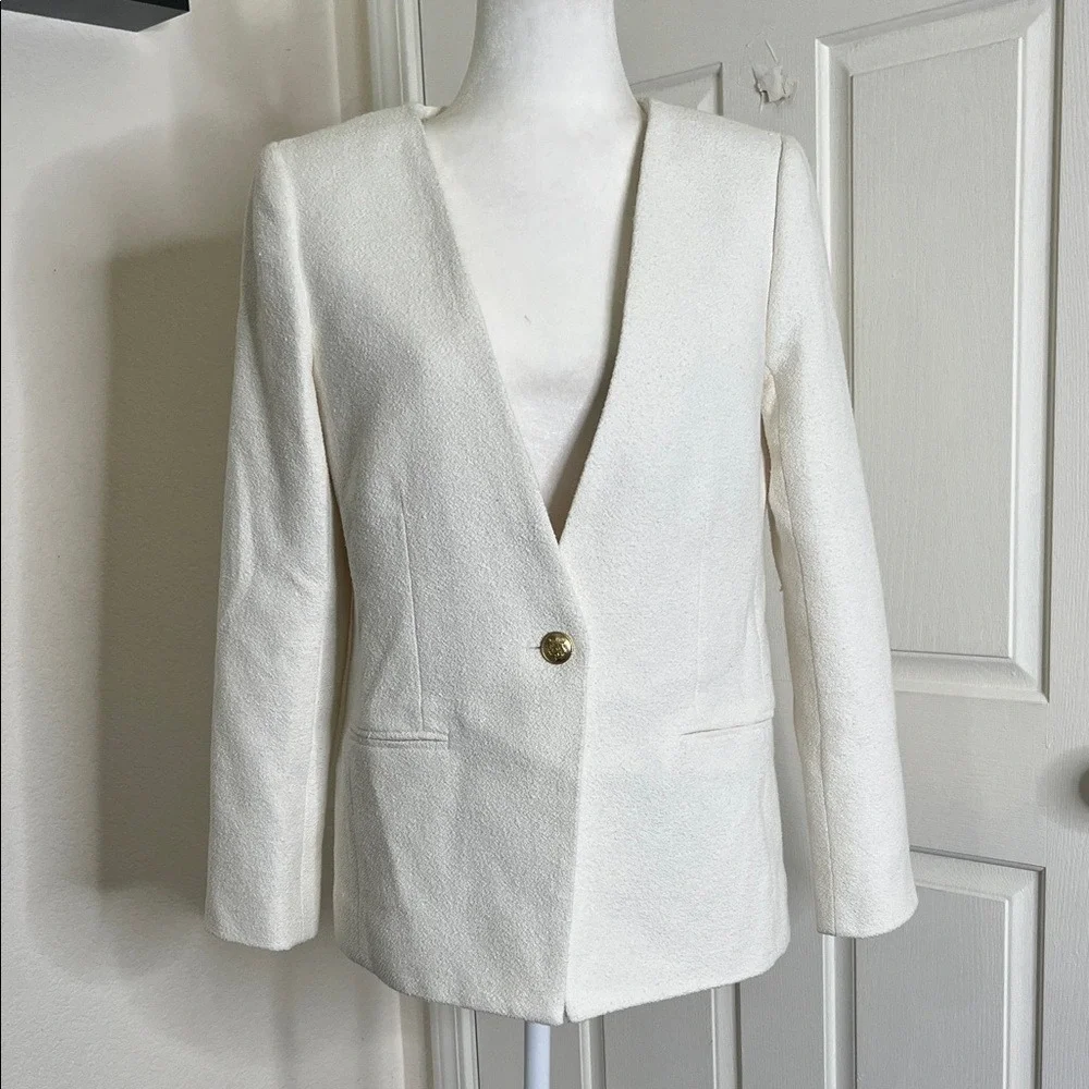 J Crew Collection Alfie Collarless Blazer Cotton Bouclé Relaxed Fit sz 4 White‎